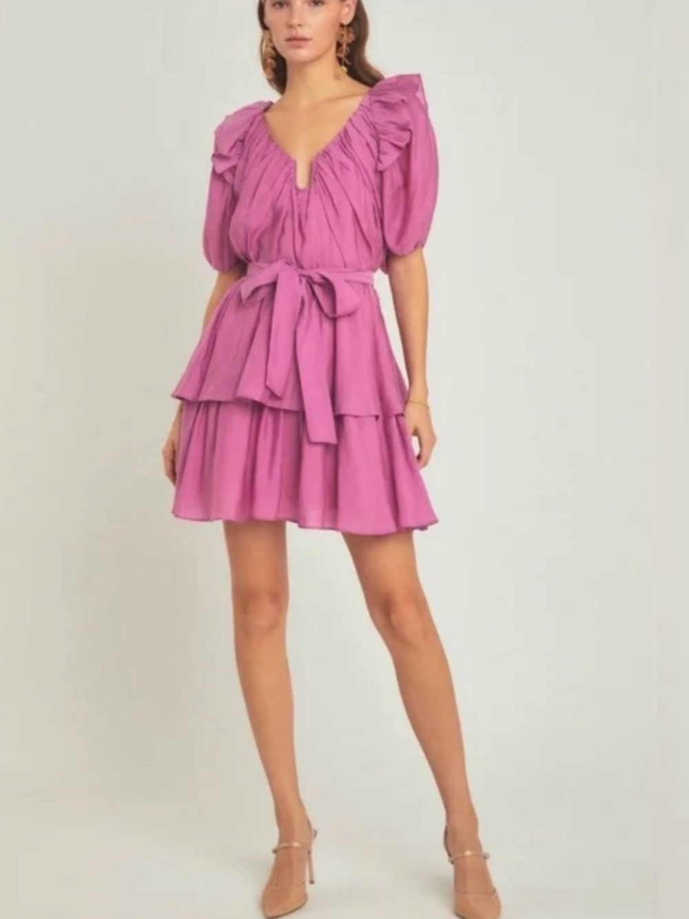 Endless Rose Magenta Puff-Sleeve Ruffle Tiered Mini Dress Size Small